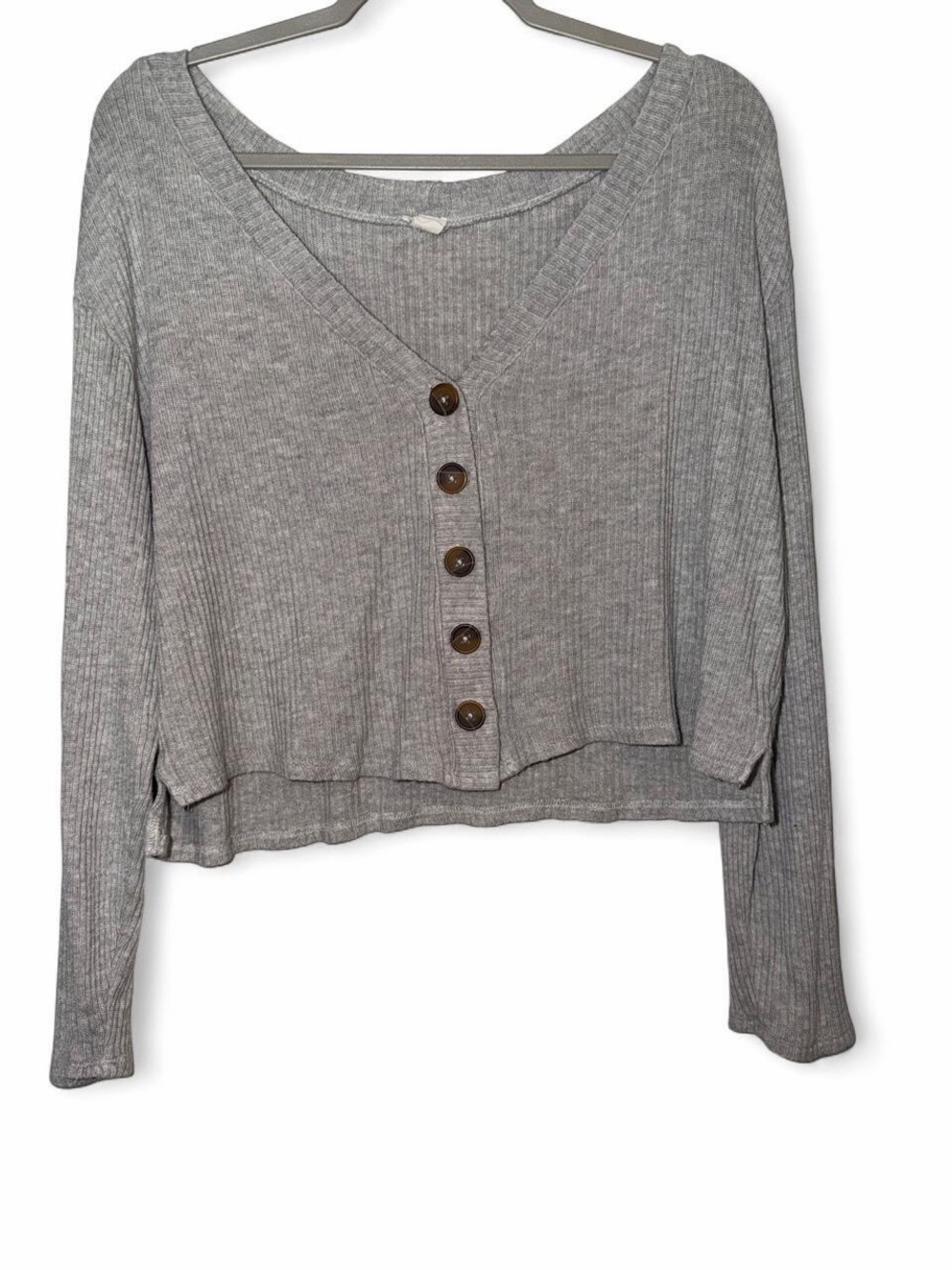 Garage Grey Ribbed V-Neck Button Front Women's Top